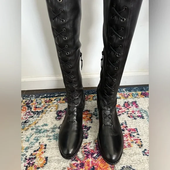 Stuart Weitzman Exes Black Leather Lace Up OTK Boots Size 9.5 - Picture 3 of 10